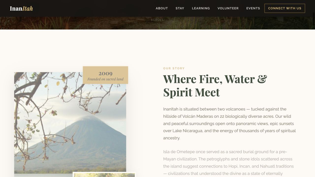 InanItah retreat website with a view of Ometepe and its volcano