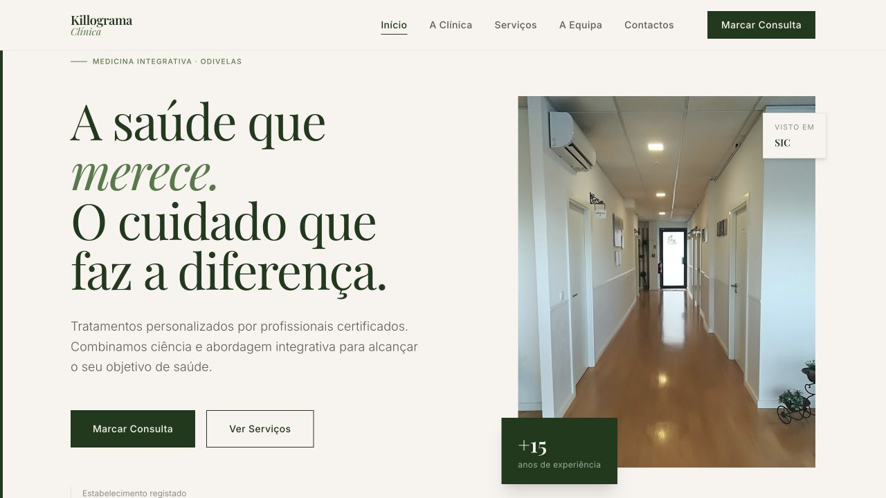 Killograma Clínica website showing the clinic interior